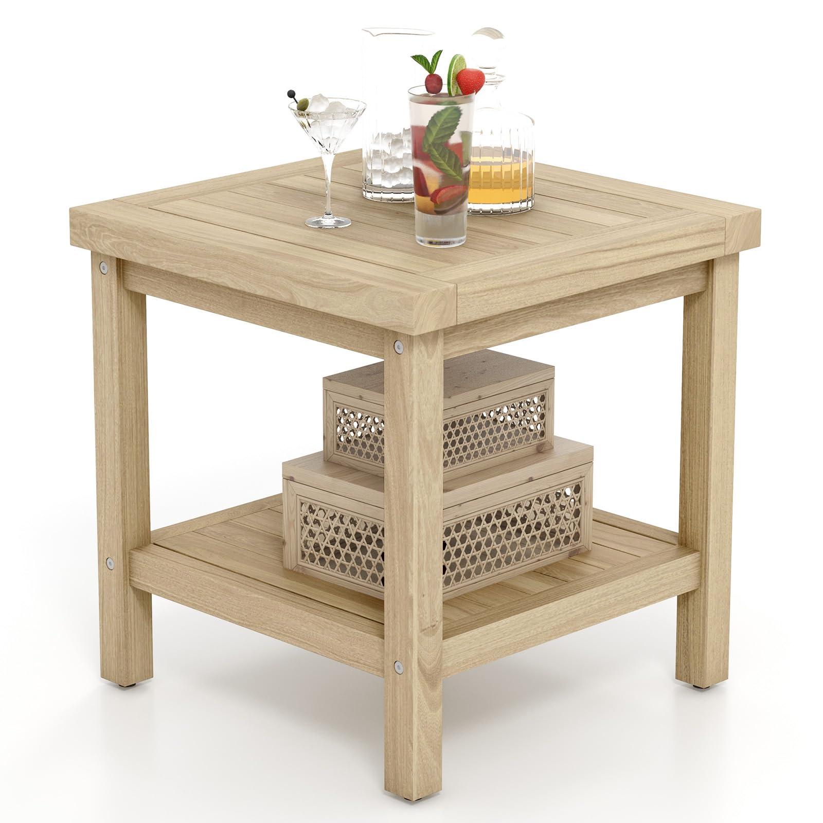 Tangkula Table d'appoint d'extérieur à 2 niveaux, Table d'extrémité en bois de teck avec étagère de rangement, Table de collation carrée pour patio